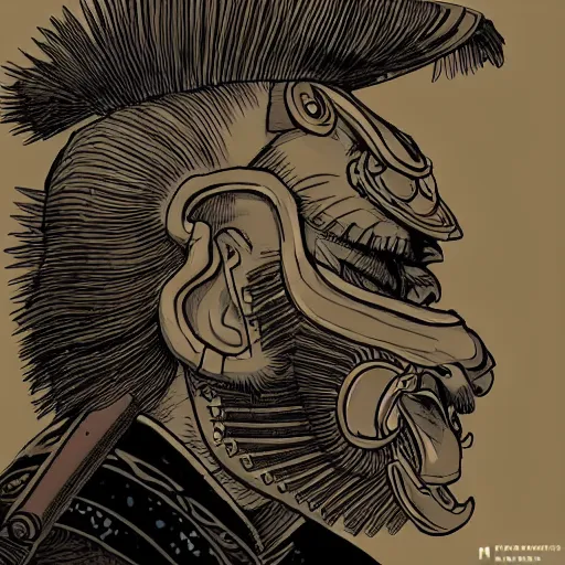 Prompt: a profile picture powerful japanese samurai wearing monster gear, detailed face, face symmetry, character concept portrait by moebius and laurie greasley, profile picture, 8 k, cinematic color grading