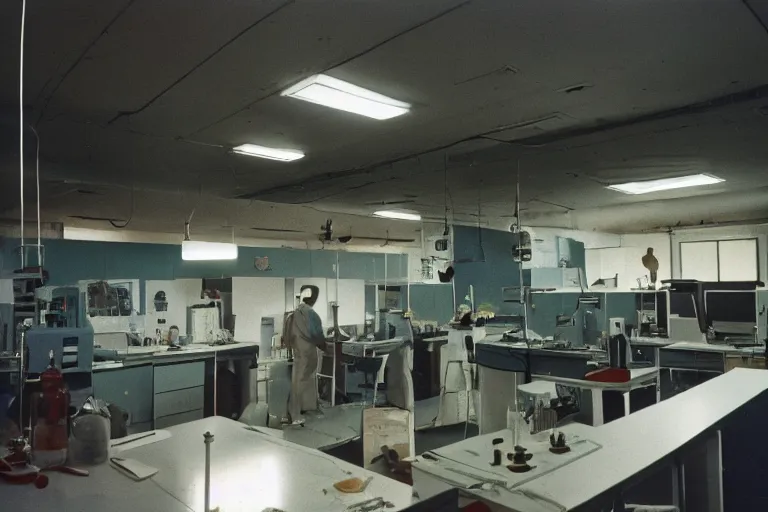 Prompt: AOC inside of a 1970s science lab, neon lights, dirty, ektachrome photograph, volumetric lighting, f8 aperture, cinematic Eastman 5384 film