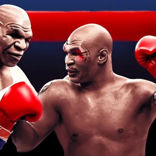 Image similar to a photorealistic image of Mike Tyson squaring off in a boxing ring against Biden, highly detailed, well focused, artstation