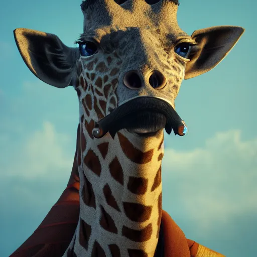 Image similar to a highly detailed portrait of a humanoid giraffe in a blue cloak, adventurer, artstation, deviantart, professional, unreal engine 5, octane render