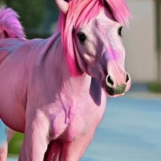 Image similar to hybrid between Jim Carrey and a pink horse, Jim Carrey mixed with a pink horse, shocked expression