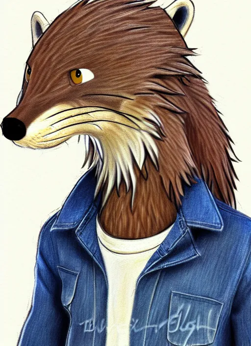 Image similar to expressive stylized master furry artist digital colored pencil painting full body portrait character study of the otter ( sergal ) small head fursona animal person wearing clothes jacket and jeans by master furry artist blotch, sharp focus vintage disney animation style