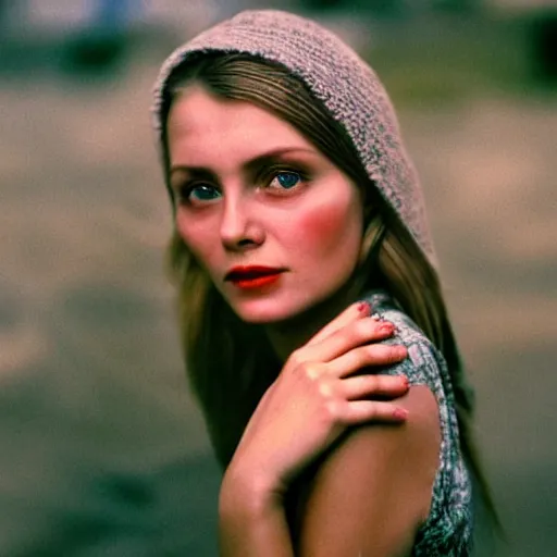 Prompt: pretty ukrainian woman i in the style in the style of andrei tarkovsky, 8 k, 1 9 8 4, close - up bokeh, gelios lens, color, noir by terry o'neill