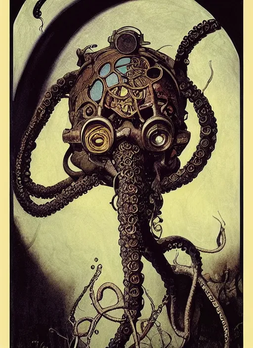 Image similar to a girl wearing octopus gas mask, poster by james jean, greg rutkowski, giger, alphonse mucha, andrew wyeth