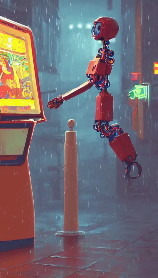 Prompt: arcade cabinet robot begging for coins in the rain, sharp focus, james gilleard, cinematic, game art, extremely detailed digital painting, print
