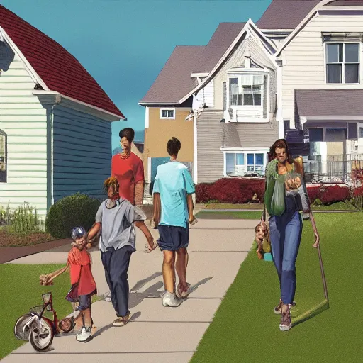 Prompt: a family hovers over the sidewalk in suburban neighborhood, artstation
