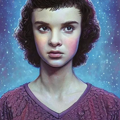 Prompt: max from the stranger things as a princess of saturn, intricate, elegant, highly detailed, digital painting, trending on artstation, concept art, smooth, sharp focus, illustration, art by frank frazetta, william mortensen, arny freytag