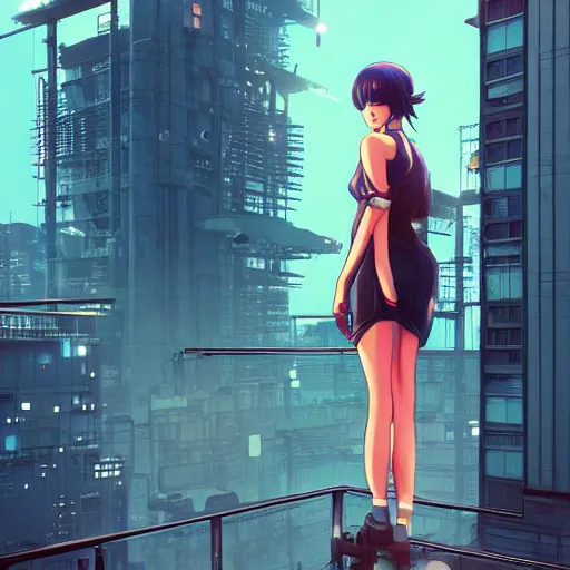 Image similar to a girl stands on top of a multi-storey building, anime style, 4k, cyberpunk city in the background, HD, artstation, very detailed, by Ilya Kuvshinov