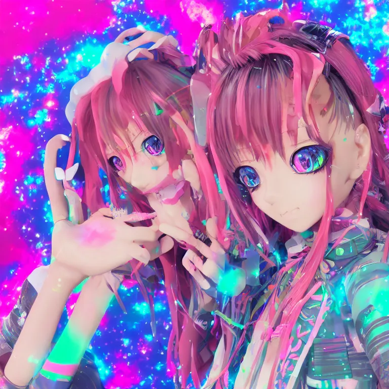 Prompt: 3d anime decora gyaru kawaii fashion model, v tuber, darling in the frank,asuka, anime best girl, with glitch and scribble effects, psychedelic colors, 3d render octane, by wlop, wenjr, beeple, artstation,imaginefx