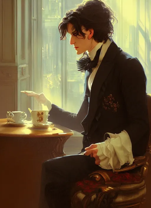 Image similar to an aristocrat talking to dorian gray over a cup of tea, digital painting, artstation, concept art, smooth, sharp focus, illustration, art by artgerm and greg rutkowski and alphonse mucha