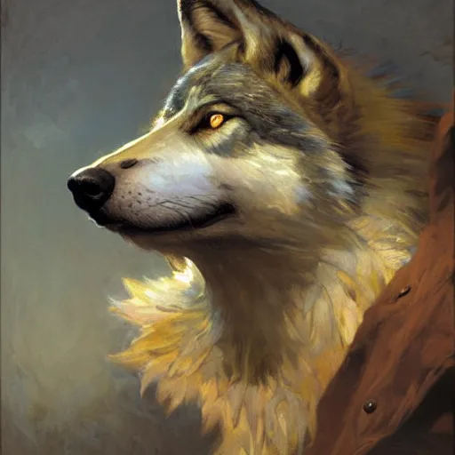 Prompt: a portrait of a wolf dogman. highly detailed painting by gaston bussiere, craig mullins, j. c. leyendecker, furry