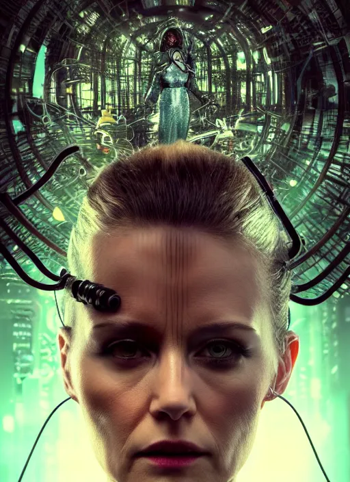 Image similar to 35mm portrait of a sophisticated intricate terminator woman's head on the background of a weird magical mechanical forest. Round gears visible inside her hear. Very detailed 8k. Fantasy cyberpunk horror. Sharp.