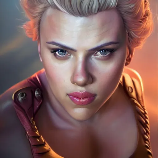 Image similar to detailed portrait of scarlett johansson as a female bodybuilder zarya from overwatch, attractive, beautiful, fantasy, intricate, elegant, highly detailed, digital painting, artstation, concept art, matte, sharp focus, illustration, art by aenaluck, artgerm and roberto ferri and greg rutkowski, epic fantasy, digital painting