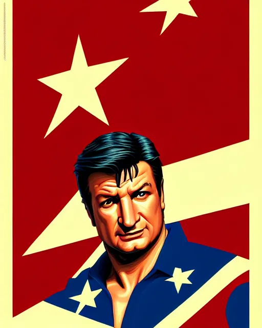 Image similar to nathan fillion in the style of cuban communist propaganda poster art in the year 1 9 8 7 ultra realistic, concept art, intricate details, highly detailed, photorealistic, octane render, 8 k, unreal engine. art by artgerm and magali villeneuve