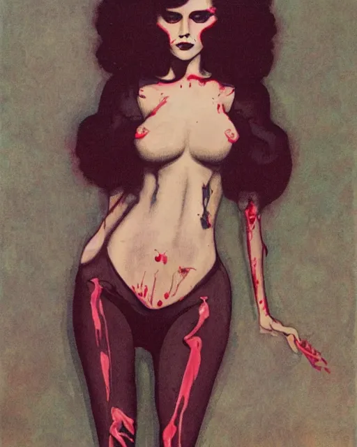 Image similar to a handsome but creepy, sinister, smiling young woman, with haunted eyes and curly hair, wearing punk clothing, 1 9 7 0 s, seventies, wallpaper, a little blood, moonlight showing injuries, delicate embellishments, painterly, offset printing technique, by brom, robert henri, walter popp