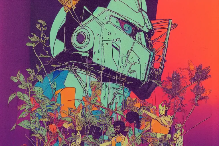 Prompt: risograph grainy drawing vintage sci - fi, satoshi kon color palette, gigantic gundam, covered with exotic flora, 1 9 8 0, kodachrome, natural colors, comicbook spreadsheet, codex seraphinianus painting by moebius and satoshi kon and dirk dzimirsky close - up portrait