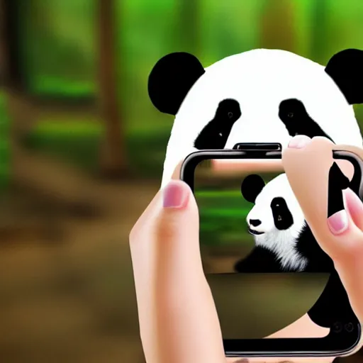 Image similar to A panda is making a selfie with an iPhone, digital art