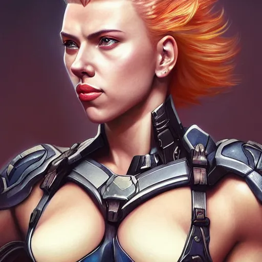 Image similar to detailed portrait of scarlett johansson as muscular zarya from overwatch, beautiful, fantasy, intricate, elegant, highly detailed, digital painting, artstation, concept art, matte, sharp focus, illustration, art by aenaluck, artgerm and roberto ferri and greg rutkowski, epic fantasy, digital painting