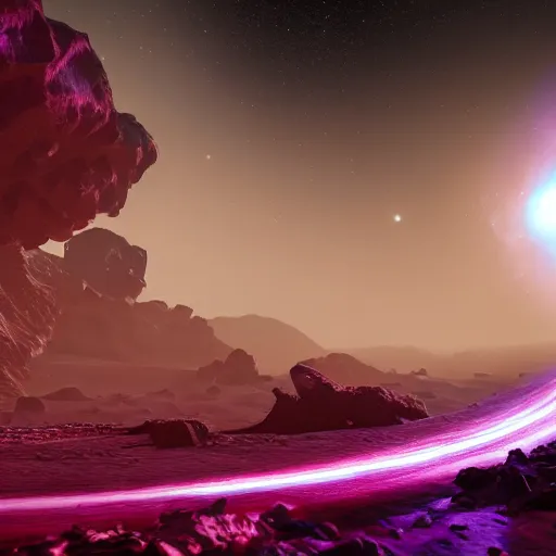 Image similar to The grand ending of an ominous era outside an exoplanet in space with a clear view of a spiral galaxy in splashes of red, purple and dark blue in unreal engine S- 69