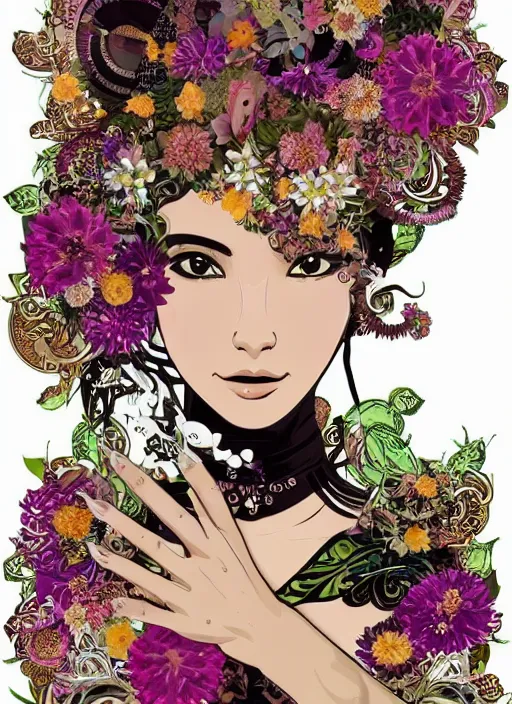 Image similar to !!! very coherent!!! vector art, beautiful floralpunk balinese cyborg portrait girl female illustration detailed patterns art of bali traditional dress, hands wearing gloves, flower pop art, floral splash painting, art by ashley wood, alphonse mucha, makoto shinkai, geof darrow, dark shadow