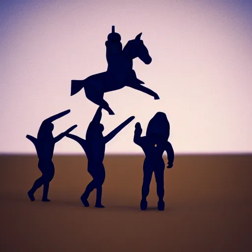 Image similar to an astronaut standing on the ground and a small trippy aggressive centaur standing on that poor human being standing on all fours astronaut raising his arms up, really trying to ride it, the horse is on his shoulders and grabbing them, minimalist style, 3 d render, isometry