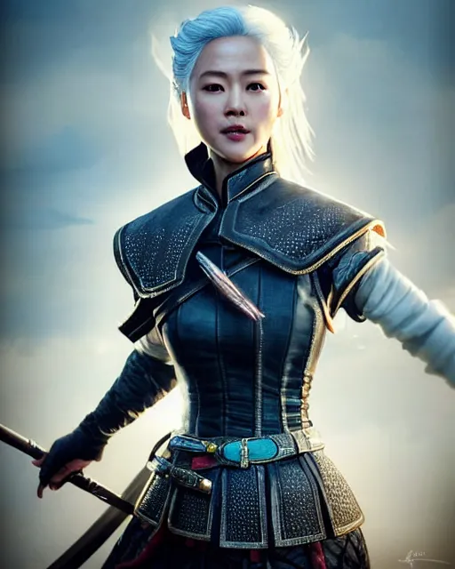 Image similar to Zhang Ziyi as Ciri from Witcher 3 by Artgerm and Greg Rutkowski, wearing haute couture by schiaparelli, sharp focus, sun rays, intricate, elegant, highly detailed, digital painting, masterpiece.