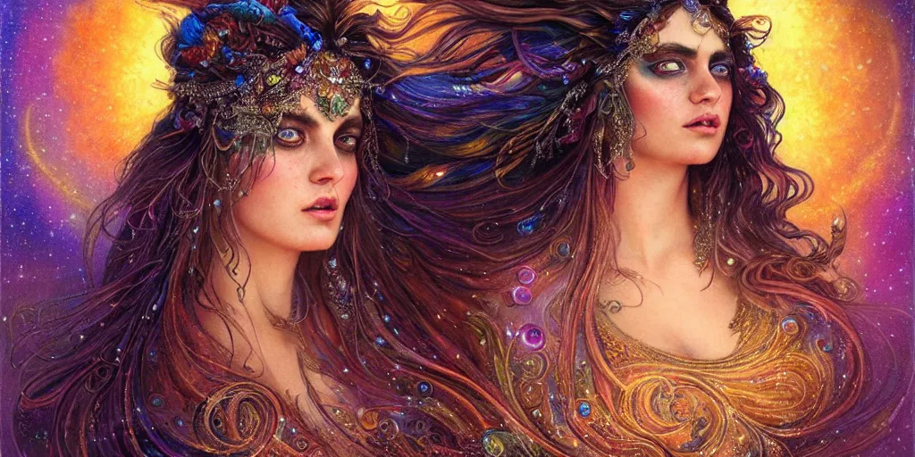 Prompt: full view portrait of an ethereal gypsy woman with detailed eyes, glowing face, floating in space with a half moon, photorealistic, colorful dress, in the style of karol bak and gaston bussiere, holographic undertones, art nouveau galaxy background, intricate, flowing dress, smooth, sharp focus, dramatic lighting, illustration, hdr, artgerm