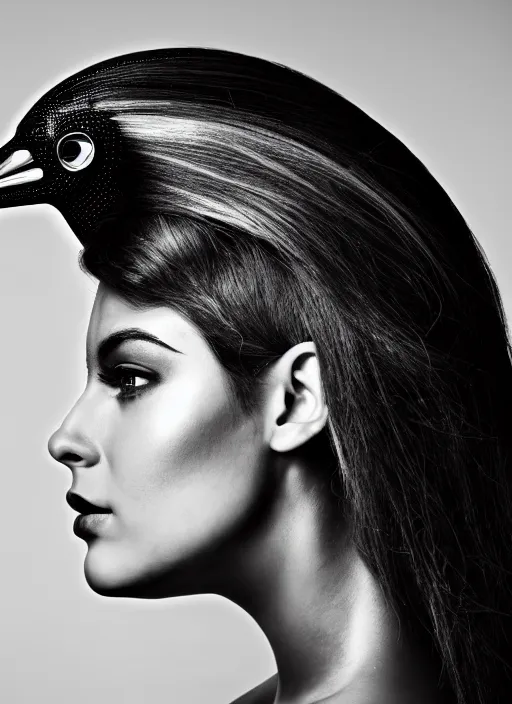 Image similar to a profile portrait, a stunning young woman - cyborg with a mutant crow head, editorial photography, bw, shot on 7 0 mm, depth of field, f / 2. 8, high contrast, 1 6 k, volumetric lighting, shiny, insanely detailed and intricate, hypermaximalist, elegant, ornate, hyper realistic, super detailed