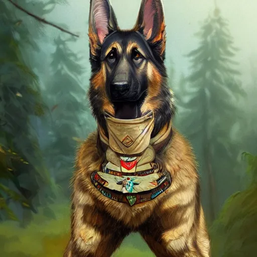 Image similar to a humanoid german shepherd beast - man posing as a eagle scout, highly detailed, digital painting, artstation, concept art, smooth, sharp focus, illustration, art by wlop