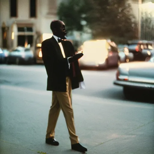 Prompt: alien tupac shakur walking on the sidewalk dressed in formal clothes, reading for a party, portra 800