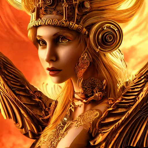 Prompt: pretty blond steampunk seraphim surrounded by lava, 8 k, shallow depth of field, 8 k, ultra high detail, concept art,