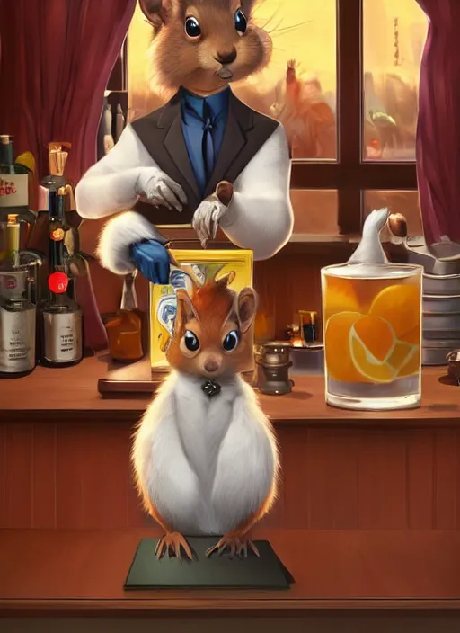 Image similar to squirrel anthro as a dapper bartender with a big fluffy tail, retro futurism, art deco, detailed painterly digital art by WLOP, 🐿🍸🍋, furaffinity, trending on artstation