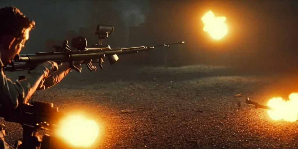 Image similar to high detail movie still of ultra realistic spongebob squarepants shooting an ak - 4 7 machine gun with muzzle flash, cinematic framing rule of thirds, cinematic light, hard shadows, in the style of the movie lone survivor,