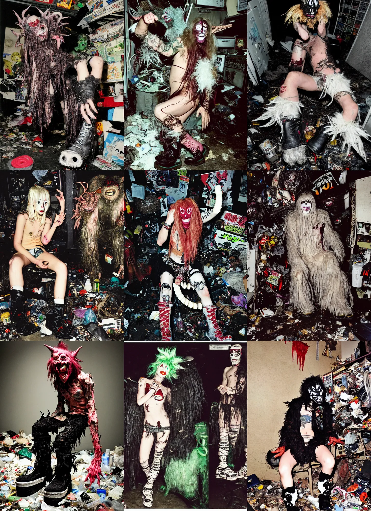 Prompt: photo of lace monster goblin wearing ripped up dirty Swear kiss monster teeth yeti platform boots in the style of Ryan Trecartin in the style of 1990's FRUiTS magazine 20471120 in japan in a dirty dark dark dark poorly lit bedroom full of trash and garbage server racks and cables everywhere in the style of Juergen Teller in the style of Shoichi Aoki, japanese street fashion, KEROUAC magazine, Walter Van Beirendonck W&LT 1990's, Vivienne Westwood, y2K aesthetic