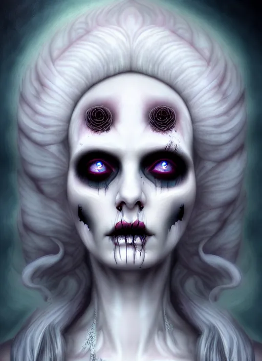 Image similar to goddess of death in a cemetary, white hair, decaying face, cool colors, digital painting, realism, extreme detail, trending on artstation, by natalie shau and hans zatzka