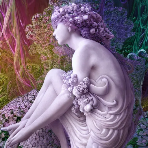 Prompt: a fully dressed idealistic marble statue with fractal flowery hair in a fractal garden, glowing delicate flower and mushrooms that grow in a dark fatansy forest on the planet pandora,, symmetrical,