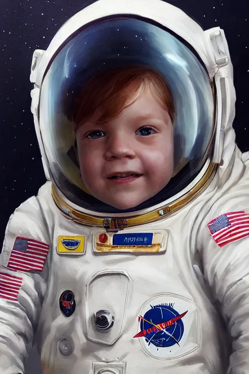 Image similar to a little boy with a michievous face and ginger hair. he is an astronaut, wearing a space suit. clean elegant painting, beautiful detailed face. by artgerm and greg rutkowski