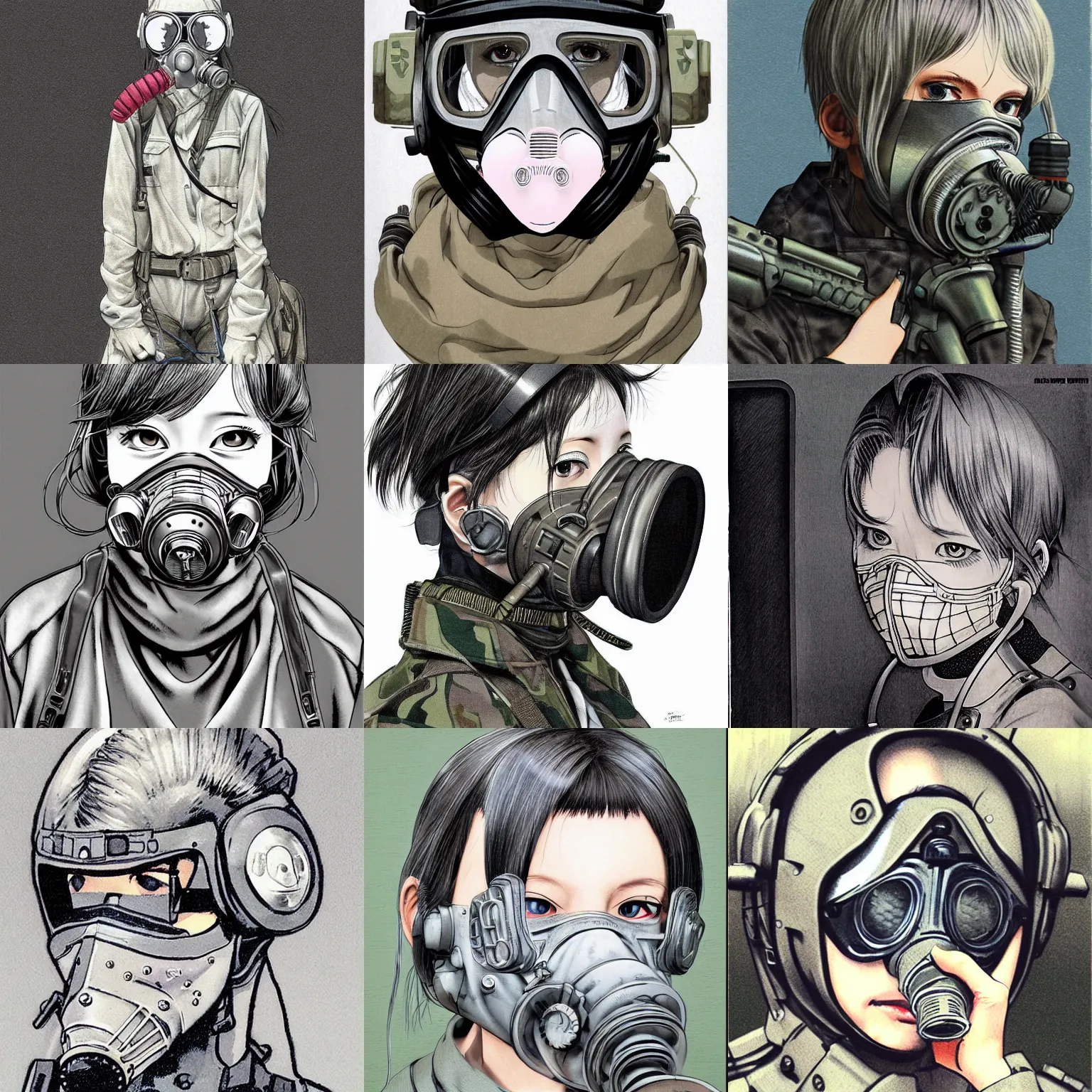 Image similar to girl silver hair, multicam, gas mask, illustration by Takehiko Inoue, portrait