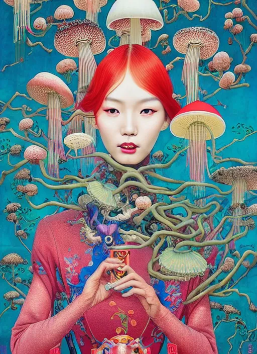 Image similar to pretty chinese model with hallucination mushroom : : by martine johanna and simon stalenhag and chie yoshii and casey weldon and wlop : : ornate, dynamic, particulate, rich colors, intricate, elegant, highly detailed, vogue, harper's bazaar art, fashion magazine, smooth, sharp focus,