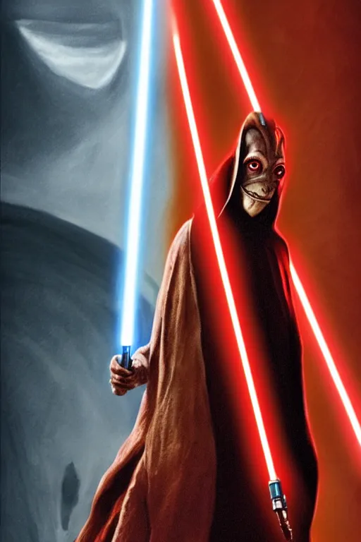 Prompt: jar jar binks as a sith lord, movie poster, cinematic, jar jar binks ,vertical symmetry, golden ratio, star wars