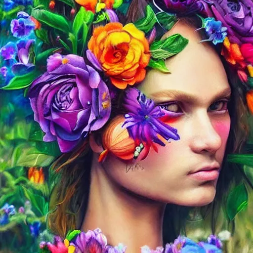 Image similar to super realistic painting of a human combined with flowers, colorful, highly detailed, 4k, trending on artstation