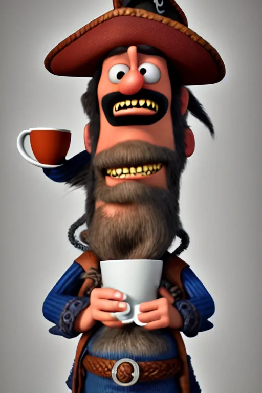 Prompt: portrait of the pirate blackbeard holding a cup of coffee, full body. pixar disney 4 k 3 d render funny animation movie oscar winning trending on artstation and behance. ratatouille style.