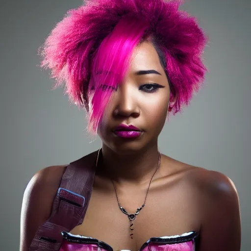 Image similar to asian - african woman with pink - dyed hair wearing alternative clothing, 8 k, portrait