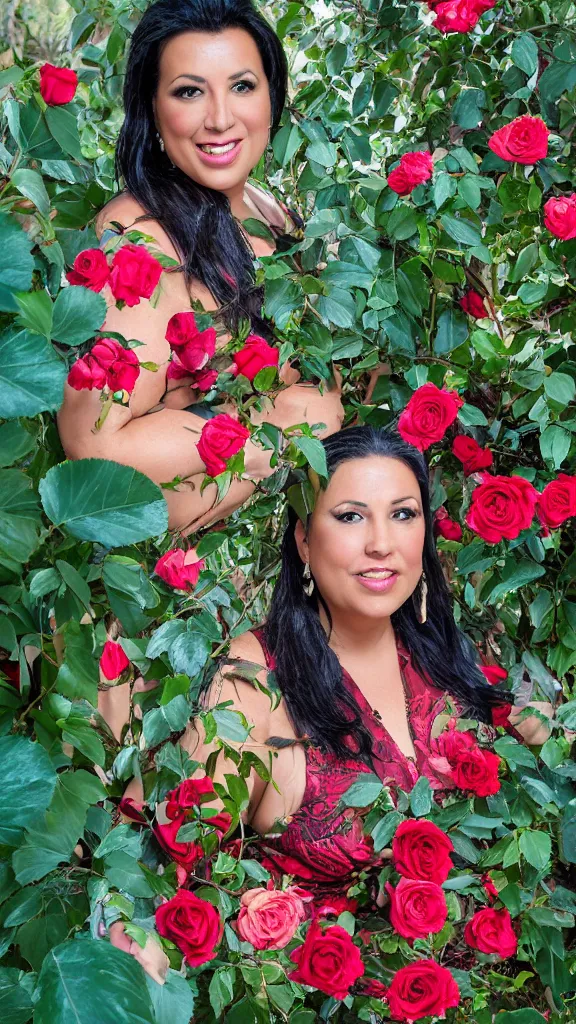 Prompt: rebekah delrio in a botanical room set near a persian pot of red roses and palm tree by narges shaeri