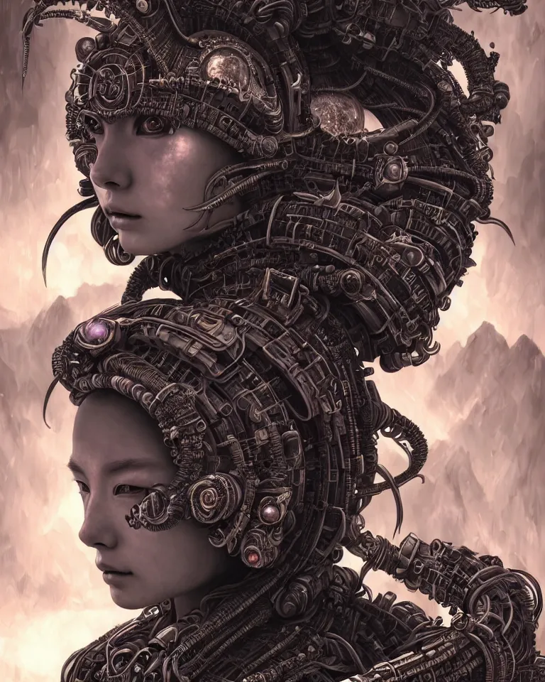 Image similar to ultra realist intricate detailed portrait of a dark samurai cyberpunk girl in an alien landscape, insanity, accurate features, apocalyptic, very intricate details, 8 k resolution, dim lighting, volumetric lighting, artstyle, dennis wojtkiewicz and evelyn de morgan, award winning