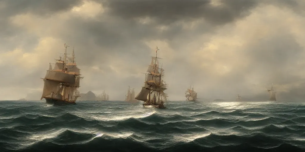 Image similar to splendid sailing boat on the vast ocean, sun, ominous sky, fitz henry lane, matte painting, artstation