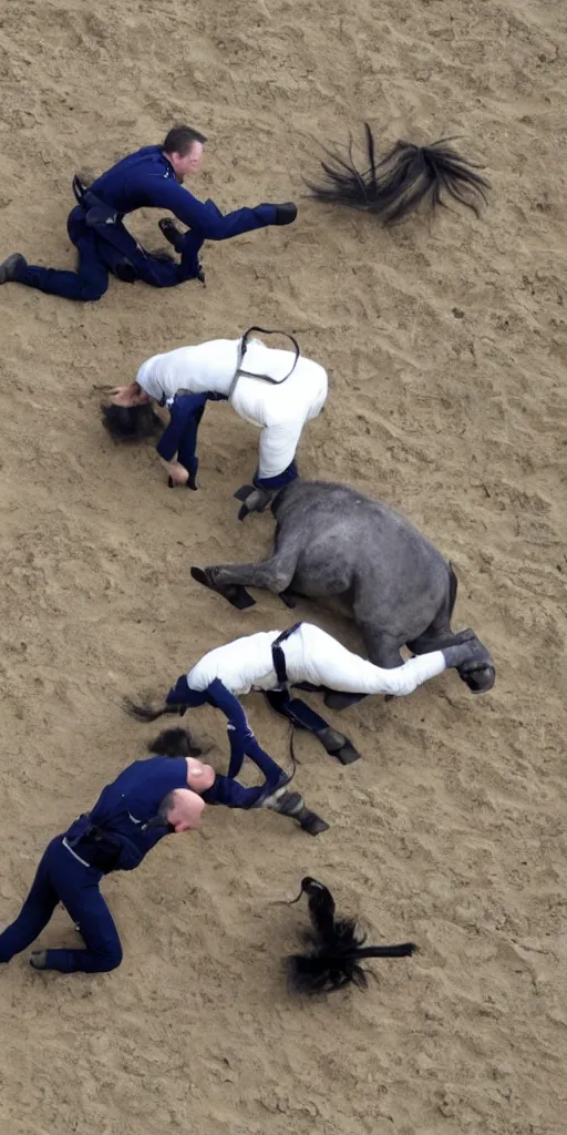 Prompt: horse wrestles astronaut on all fours on hands and knees in grappling in closed guard on mount position