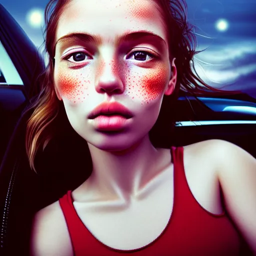 Image similar to beautiful hyperrealism hyperdetailed selfie of a cute young woman sitting in her car, flushed face, red blush, light freckles, puffy lips, soft features, 8 k, sharp focus, art by irakli nadar