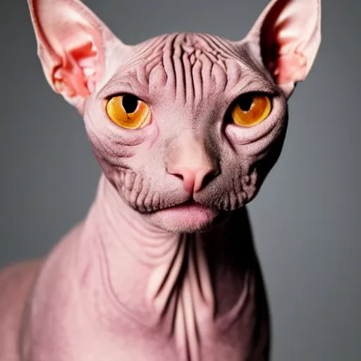 Prompt: Sphynx cat, hairless cat, cuddly, cute, adorable, wrinkly, smooth, award-winning photography
