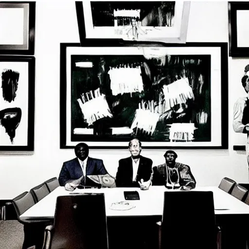 Image similar to “seal the deal, signing contracts in a corporate board room, by basquiat, very realistic, highly detailed”